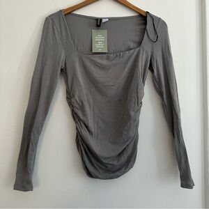 H&M Gray Ruched Long Sleeve Square Neck Top Medium